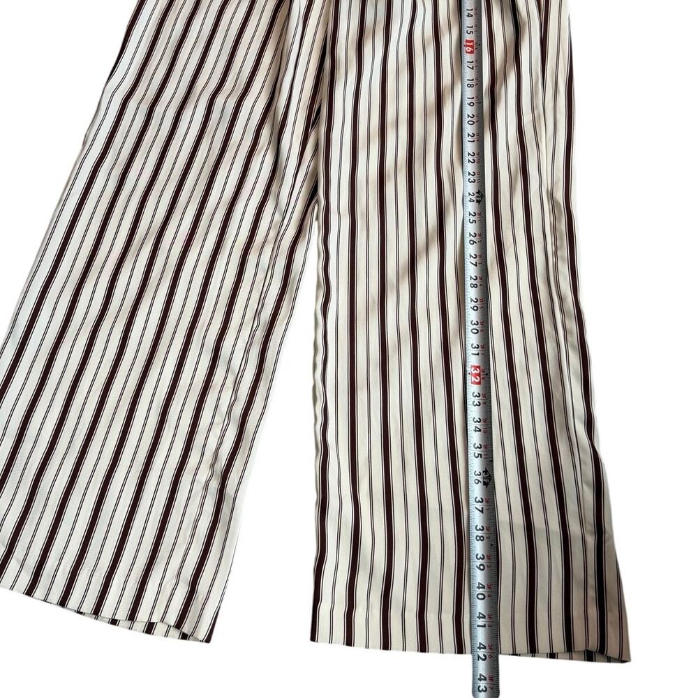 H&M Cream Brown Striped Wide Leg Pants Women's Medium Pull On Drawstring Palazzo - Picture 6 of 10